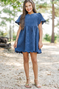 Girls: Time Goes By Navy Tweed Scalloped Dress