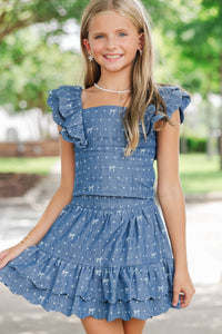 Girls: Purely Me Navy Polka Dot Scallop Edge Top
