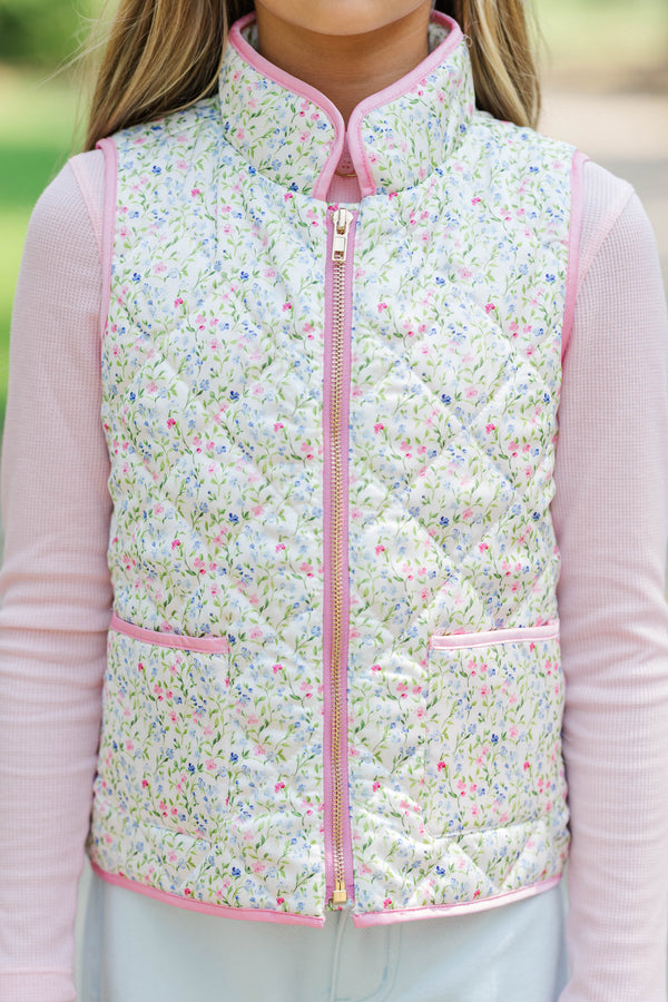 Girls: Cooler Days Cream Ditsy Floral Quilted Vest