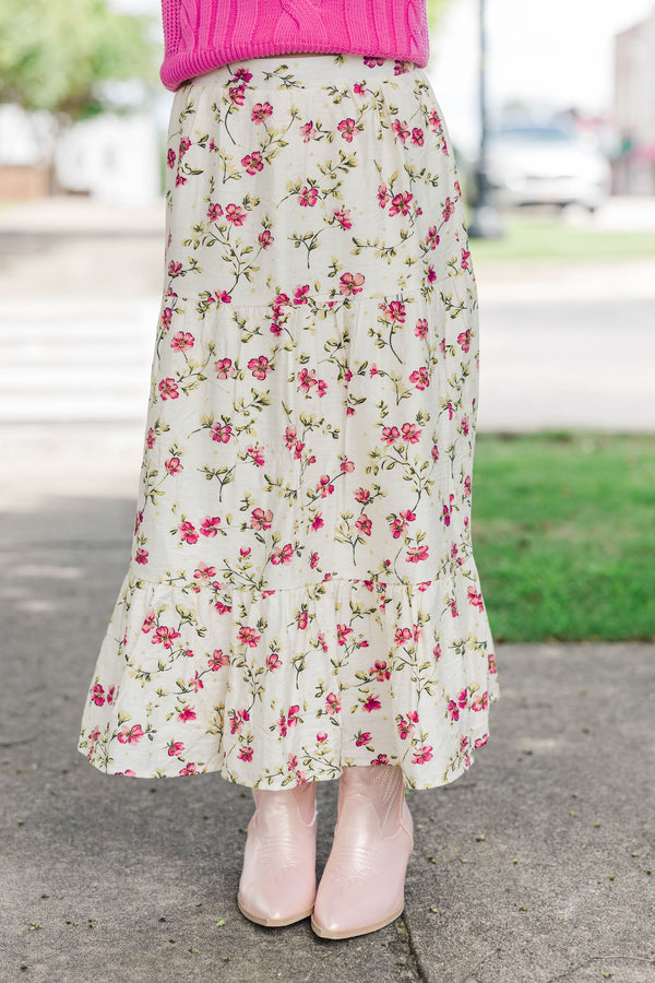 Girls: Start The Day Cream Floral Midi Skirt