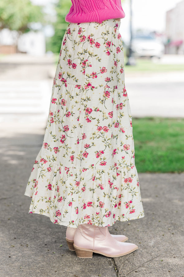 Girls: Start The Day Cream Floral Midi Skirt