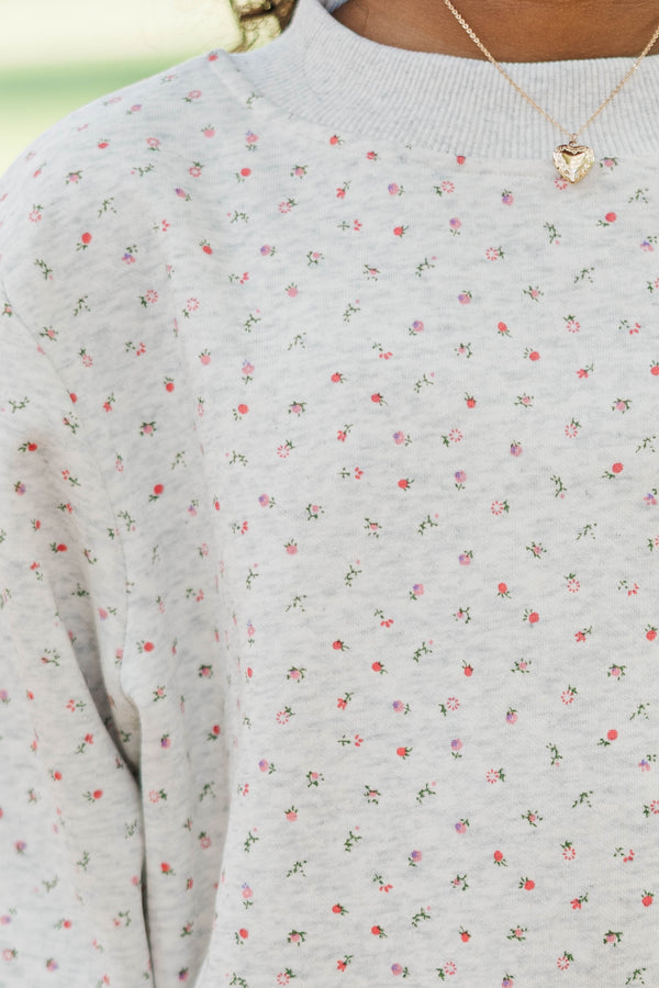 Girls: Easy Morning Heather Gray Floral Mock Neck Sweatshirt