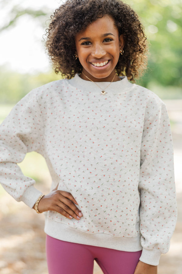 Girls: Easy Morning Heather Gray Floral Mock Neck Sweatshirt