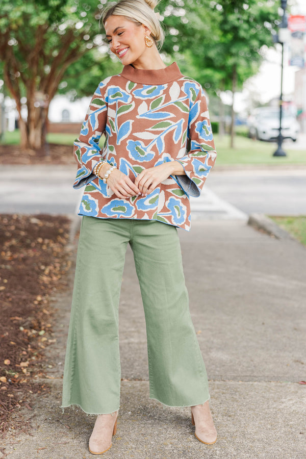 Just a Feeling Brown Floral Mock Neck Sweater