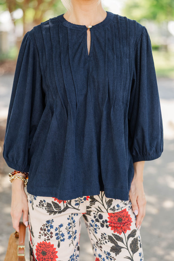 Kindred Living Navy Corduroy Puff Sleeve Blouse