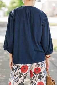 Kindred Living Navy Corduroy Puff Sleeve Blouse