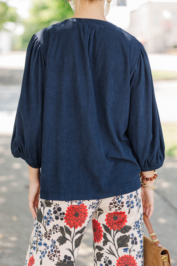 Kindred Living Navy Corduroy Puff Sleeve Blouse