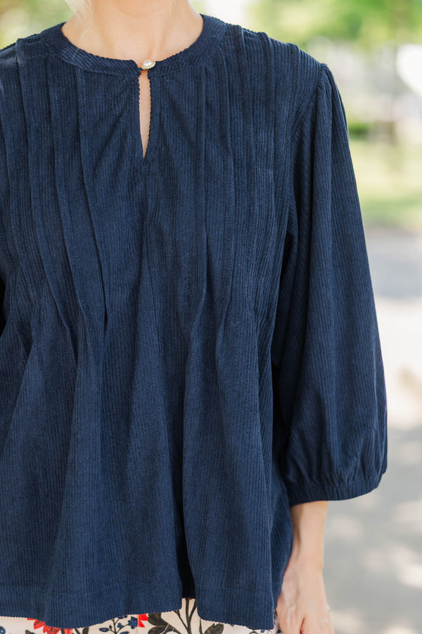 Kindred Living Navy Corduroy Puff Sleeve Blouse