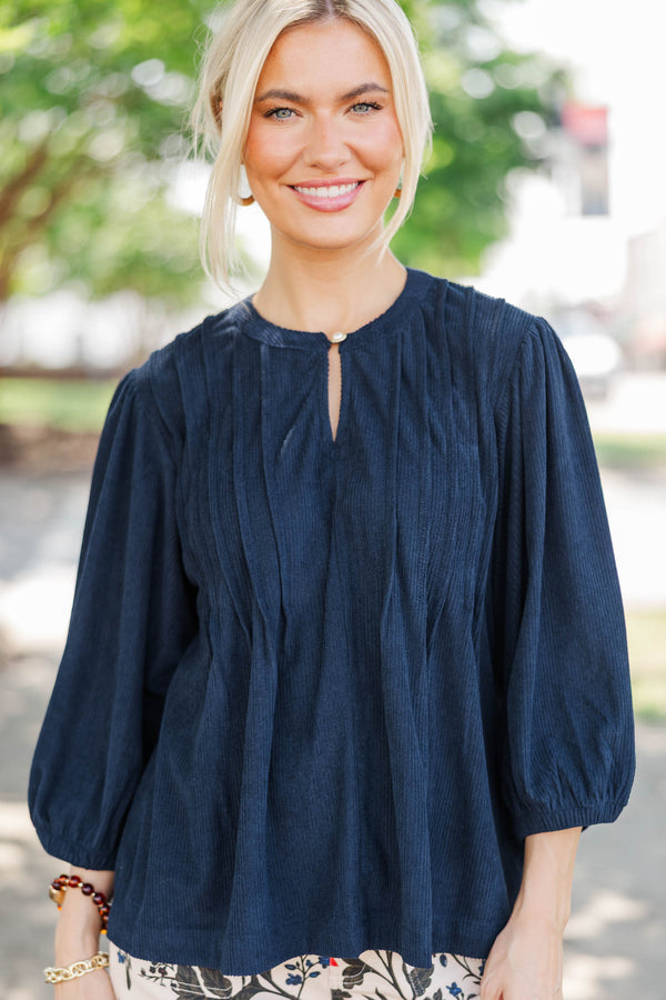 Kindred Living Navy Corduroy Puff Sleeve Blouse