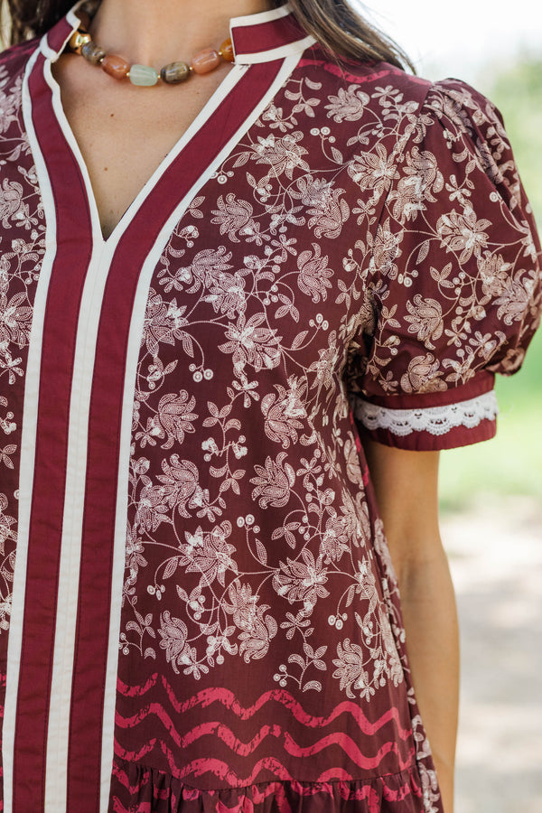 Welcome Home Burgundy Floral Babydoll Dress