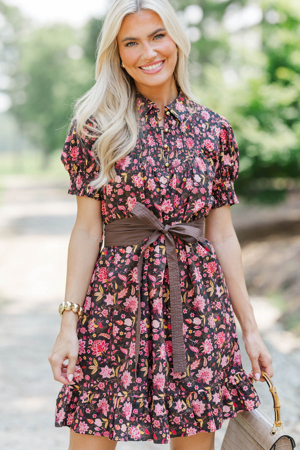 Weekend Club Brown Floral Smocked Dress