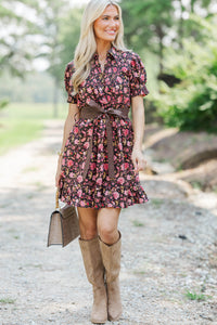 Weekend Club Brown Floral Smocked Dress