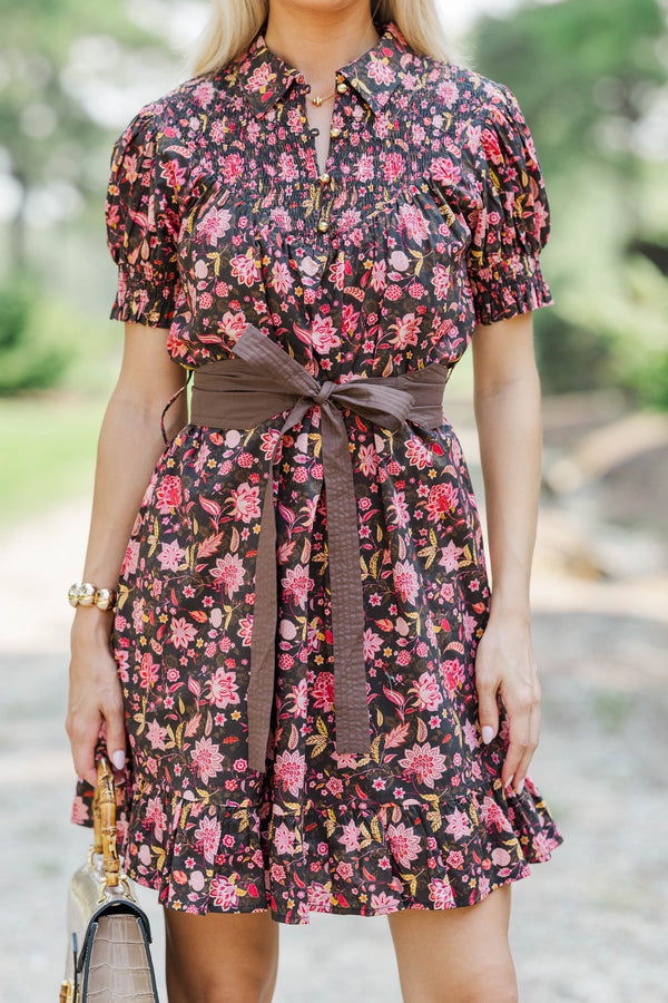 Weekend Club Brown Floral Smocked Dress