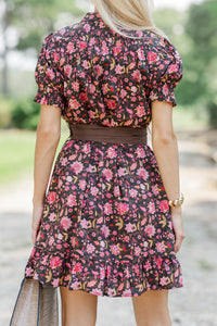 Weekend Club Brown Floral Smocked Dress