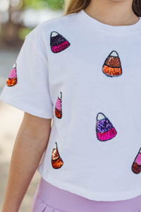 Girls: Candy Run White Sequin Candy Corn Top