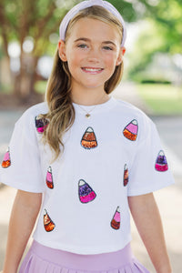 Girls: Candy Run White Sequin Candy Corn Top
