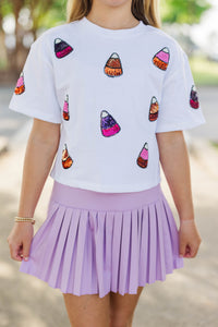 Girls: Candy Run White Sequin Candy Corn Top