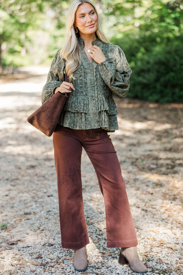 Heirloom Style Olive Floral Ruffle Blouse