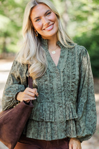 Heirloom Style Olive Floral Ruffle Blouse
