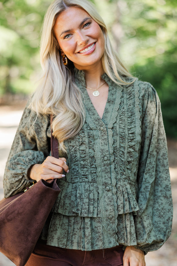Heirloom Style Olive Floral Ruffle Blouse