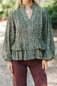 Heirloom Style Olive Floral Ruffle Blouse