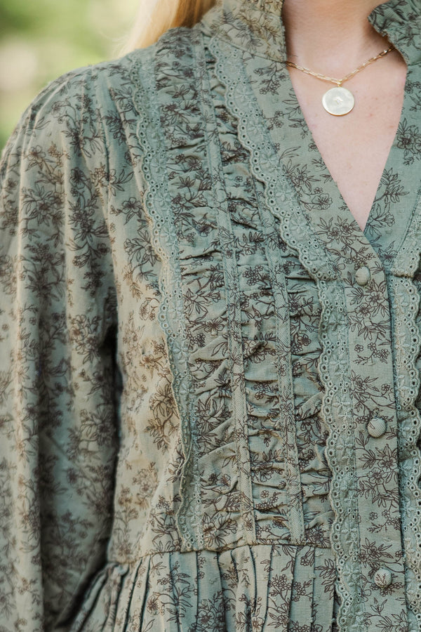 Heirloom Style Olive Floral Ruffle Blouse