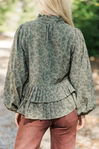 Heirloom Style Olive Floral Ruffle Blouse
