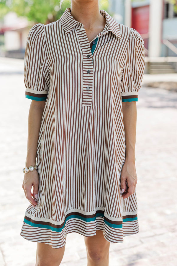 First Look Brown Striped Shift Dress