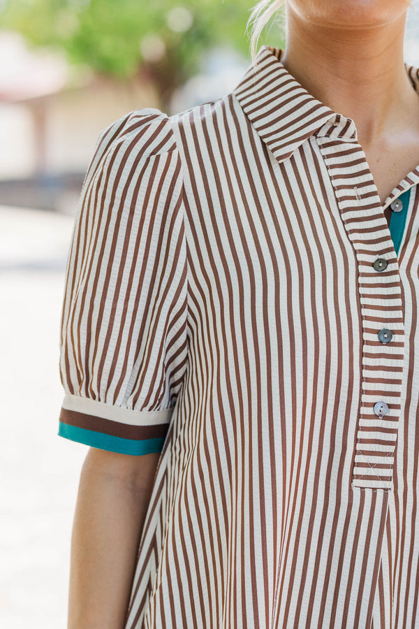 First Look Brown Striped Shift Dress