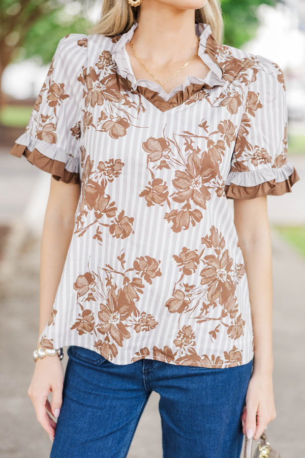 Keep Blooming Brown Floral Ruffle Blouse