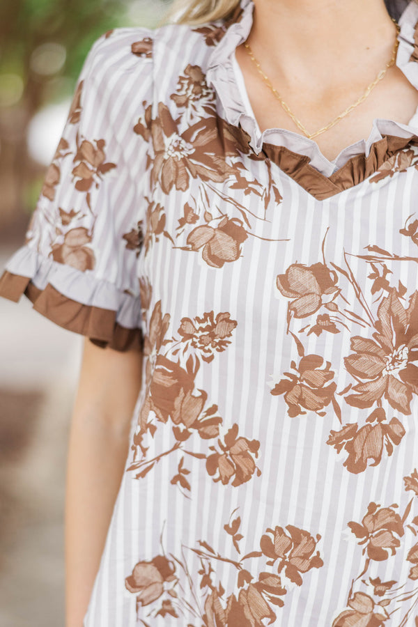Keep Blooming Brown Floral Ruffle Blouse