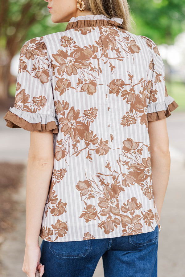 Keep Blooming Brown Floral Ruffle Blouse