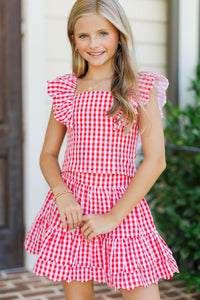 Girls: Purely Me Red Scallop Edge Gingham Top