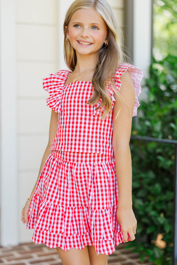 Girls: Purely Me Red Scallop Edge Gingham Skort