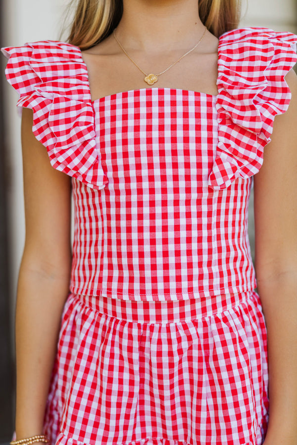 Girls: Purely Me Red Scallop Edge Gingham Top