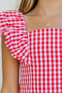 Girls: Purely Me Red Scallop Edge Gingham Top
