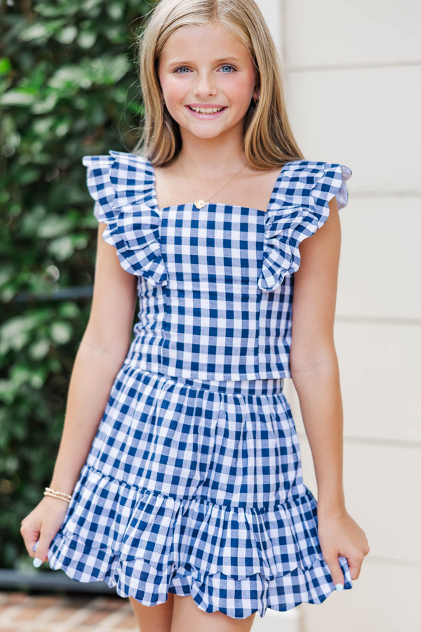 Girls: Purely Me Navy Scallop Edge Gingham Top