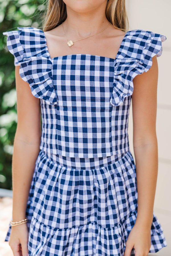 Girls: Purely Me Navy Scallop Edge Gingham Top