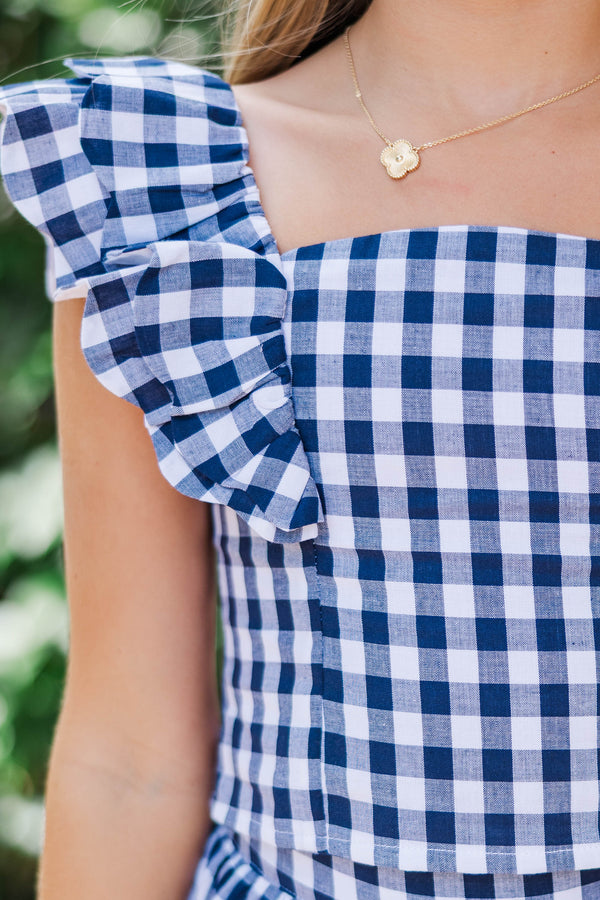 Girls: Purely Me Navy Scallop Edge Gingham Top