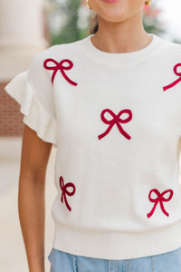 The Kennedy White And Burgundy Bow Sweater