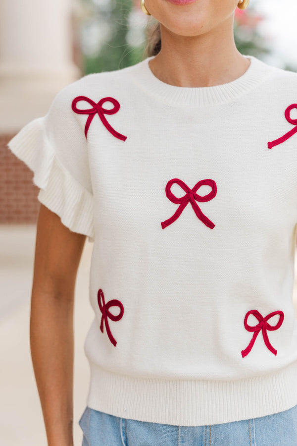 The Kennedy White And Burgundy Bow Sweater