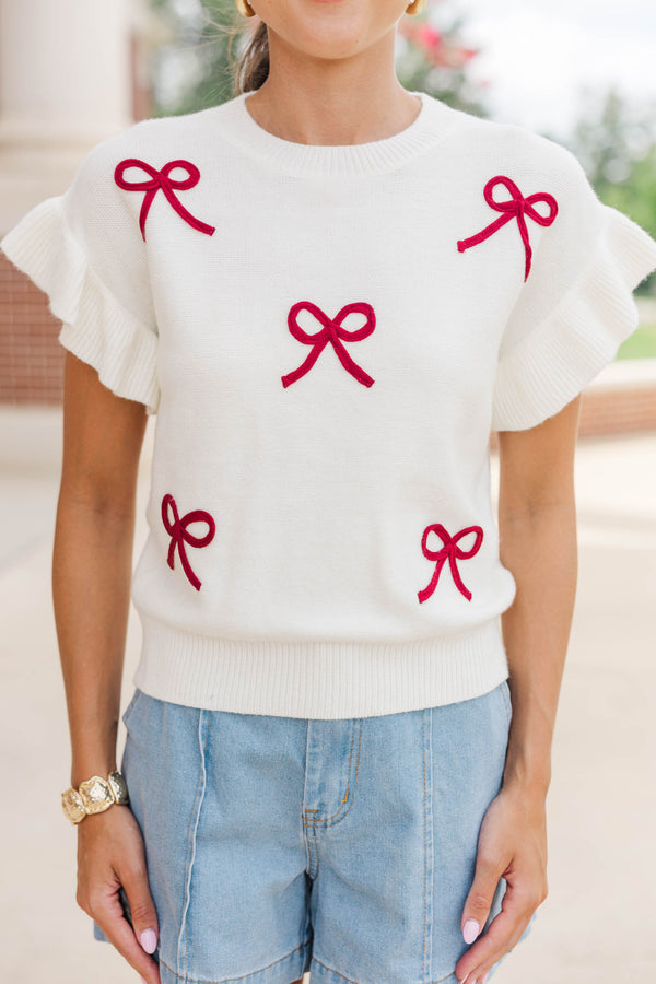 The Kennedy White And Burgundy Bow Sweater