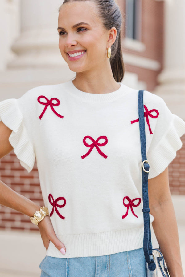 The Kennedy White And Burgundy Bow Sweater
