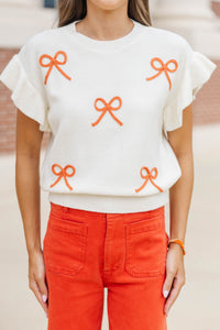 The Kennedy White And Orange Bow Sweater