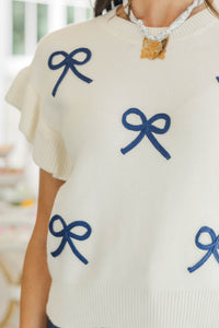 The Kennedy White And Navy Bow Sweater