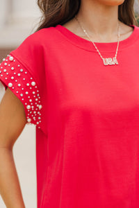 Cherish The Moment Red Pearl Embellishment Top