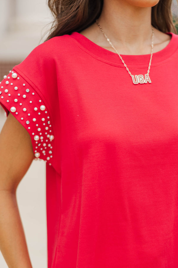 Cherish The Moment Red Pearl Embellishment Top