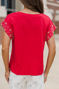 Cherish The Moment Red Pearl Embellishment Top