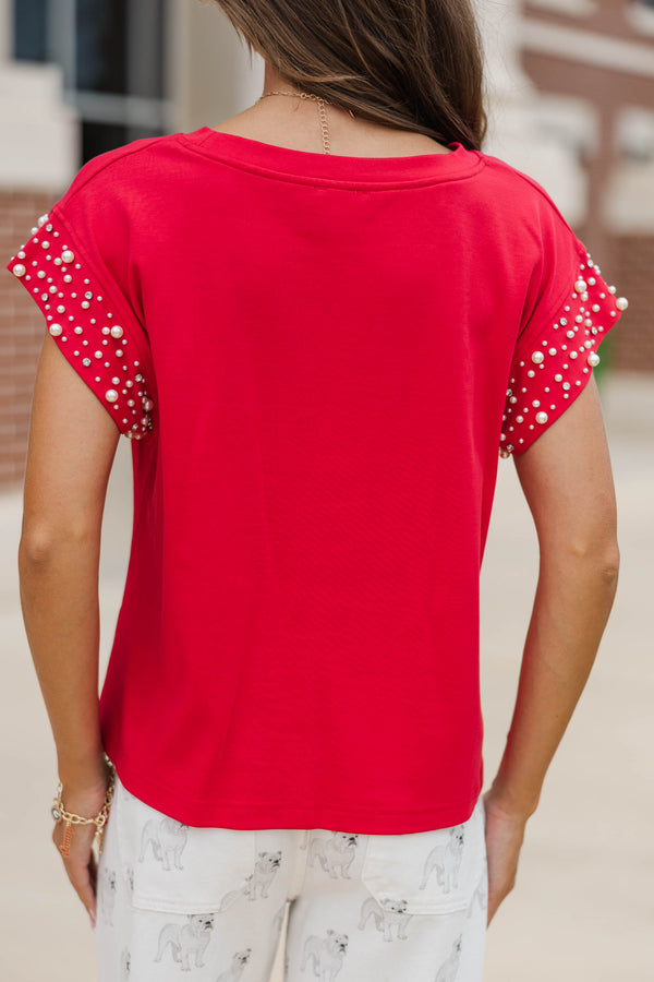 Cherish The Moment Red Pearl Embellishment Top