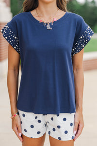 Cherish The Moment Navy Pearl Embellishment Top